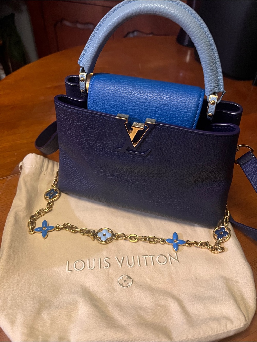Louis Vuitton Two-Tone Blue Capucines Mini Top Handle Bag with Gold Chain